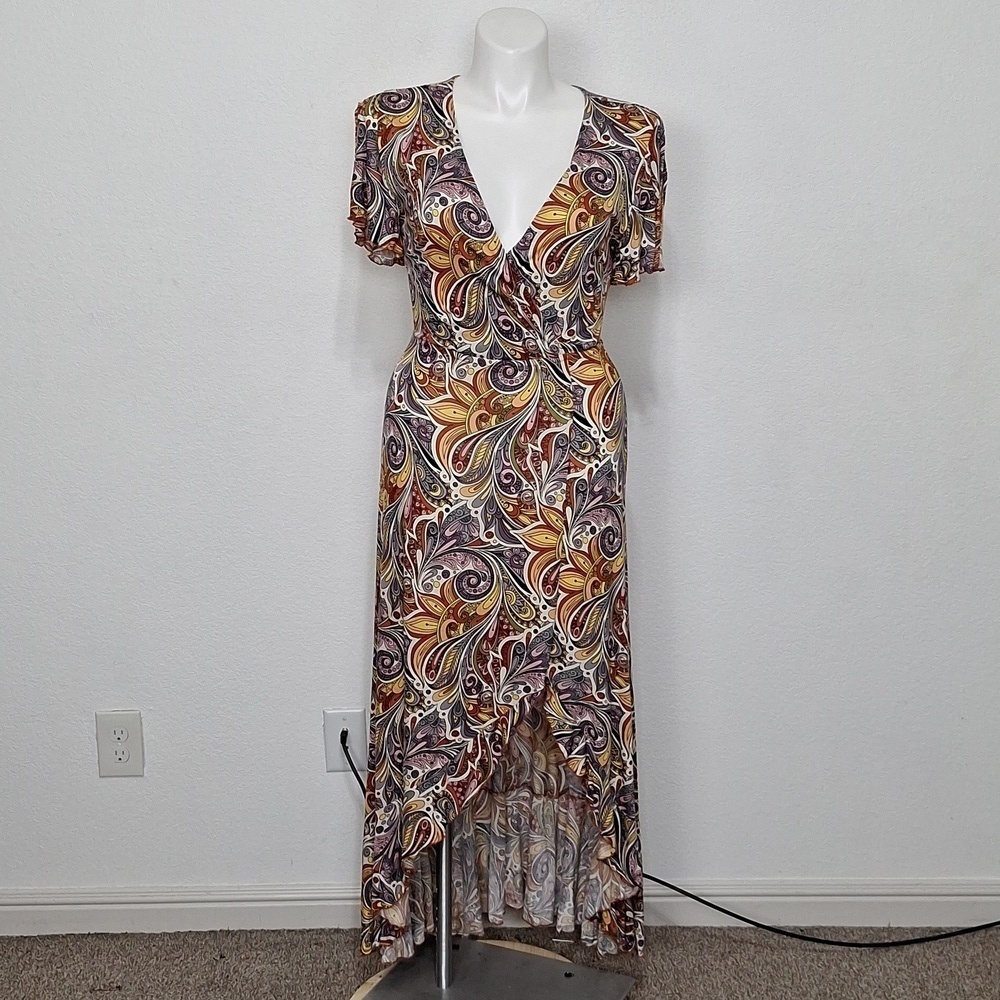 Lascana Multicolor Bohemian Feminine V-Neck Mock Wrap Print Maxi Dress Size 8 - Picture 2 of 16